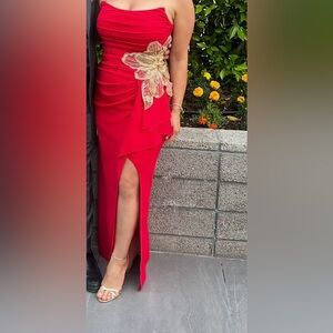Red Formal High-Slit Evening Gown